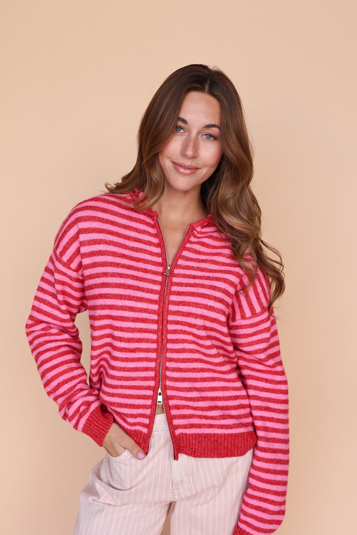 Myles Stripe Hooded Jacket in Red Main image