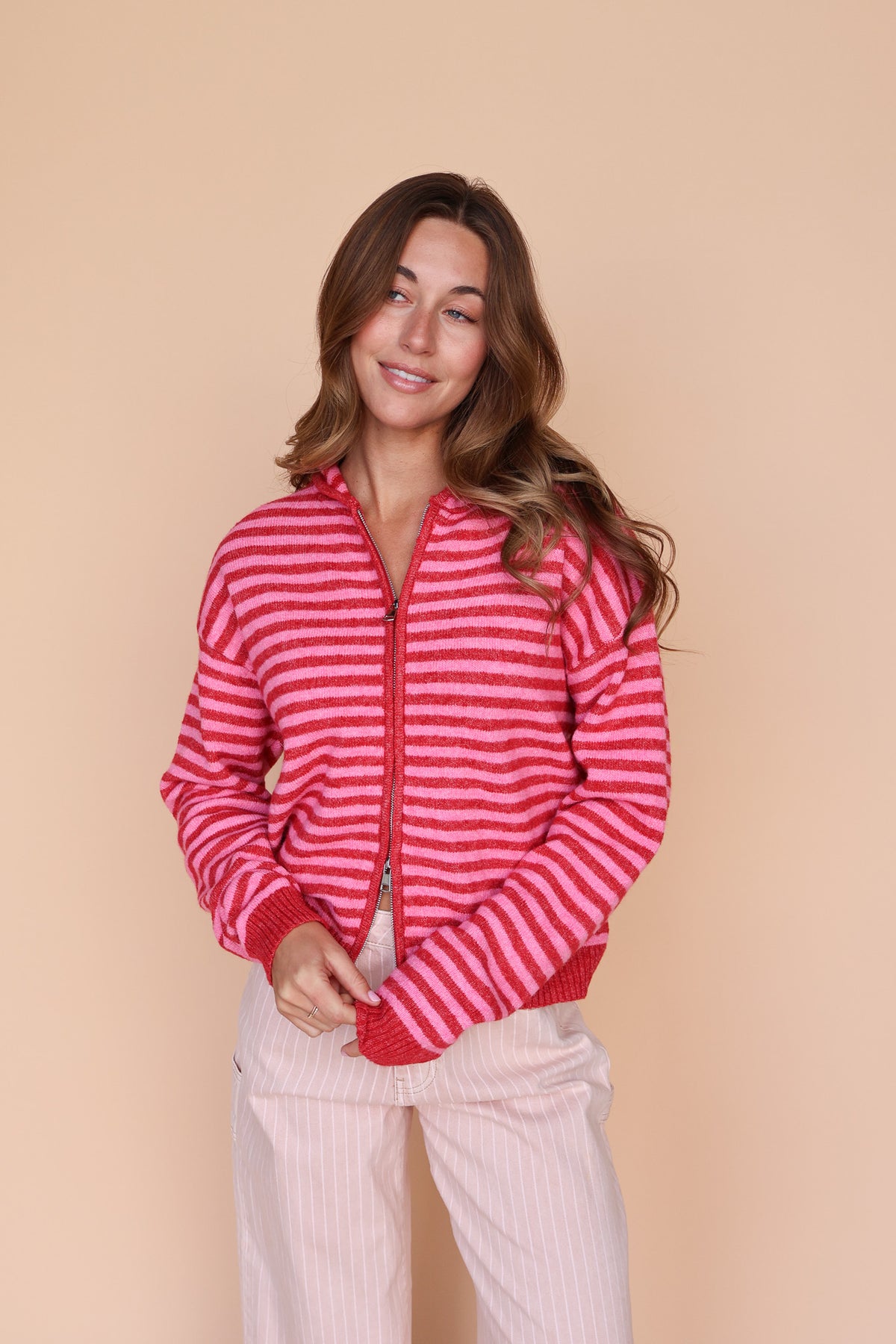 Myles Stripe Hooded Jacket in Red Secondary image