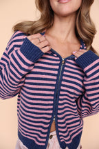 Myles Stripe Hooded Jacket in Denim/Pink