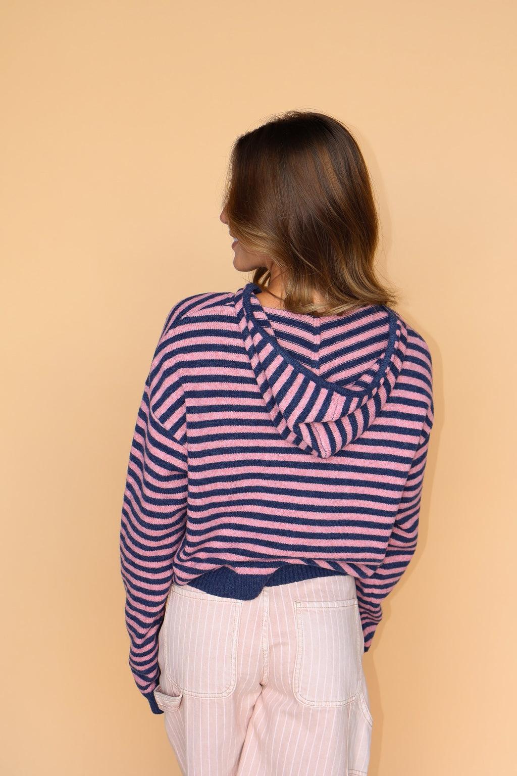 Myles Stripe Hooded Jacket in Denim/Pink