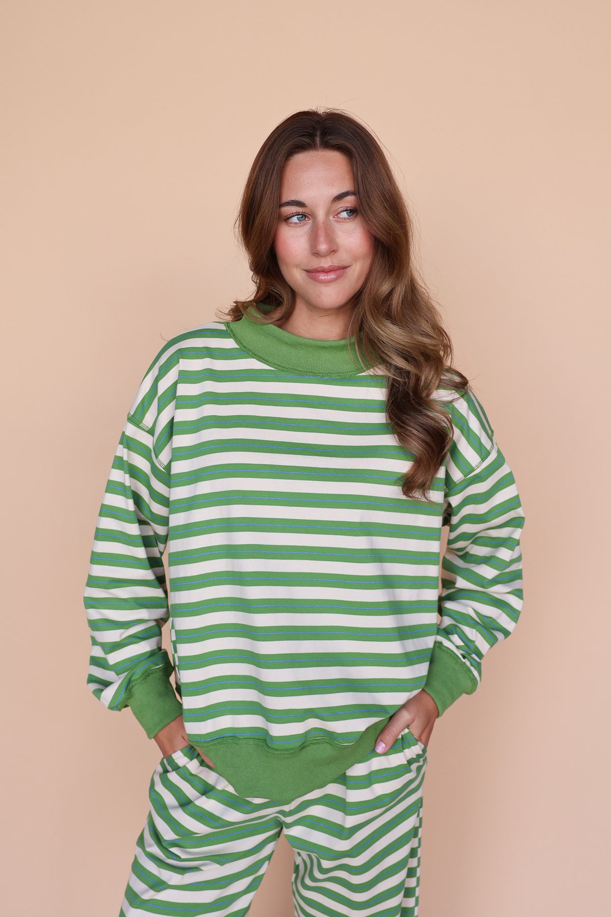 Bennett Stripe Mock Neck Pullover in Green