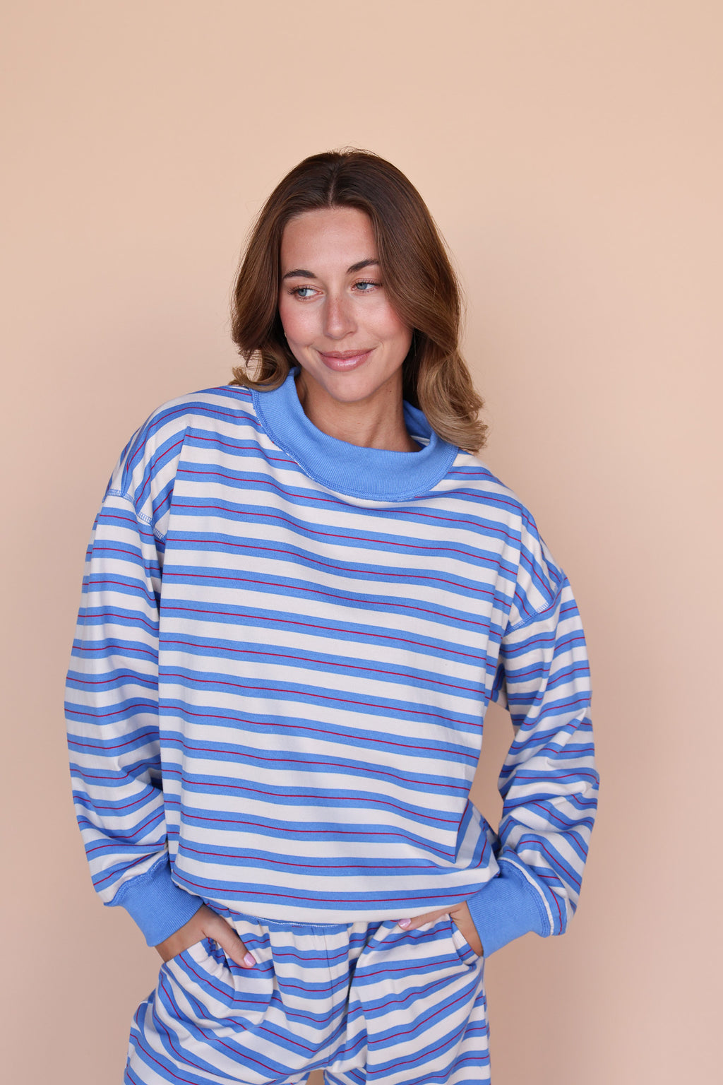 Bennett Stripe Mock Neck Pullover in Blue