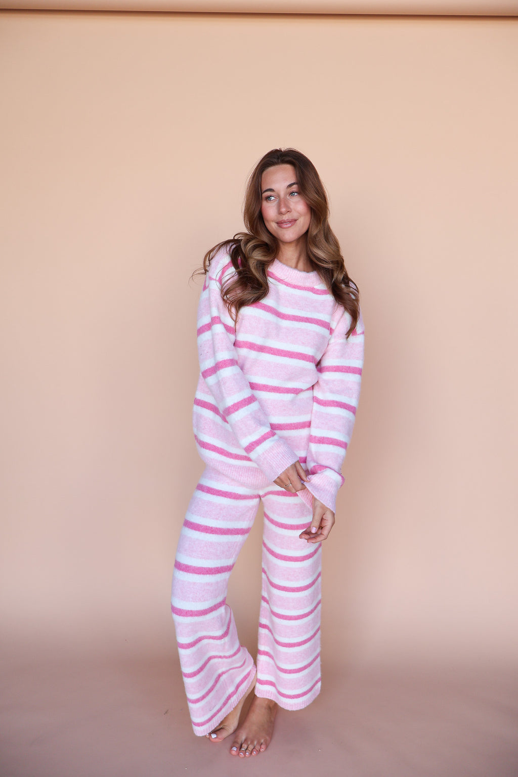 Fuzzy Knit Stripe Pants in Blush