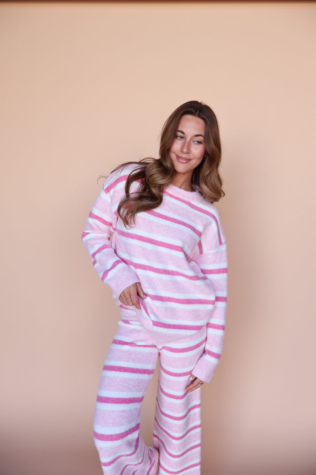 Fuzzy Knit Stripe Sweater in Blush
