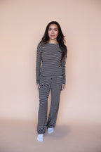Stripe Pointelle Long Sleeve in Black/Beige