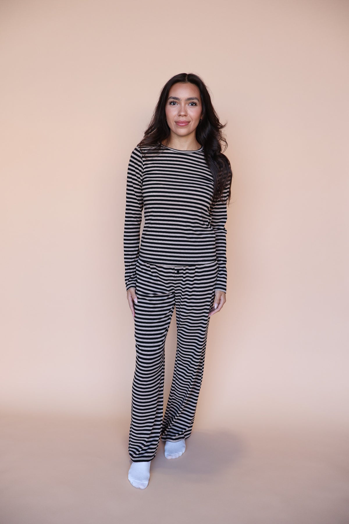 Stripe Pointelle Long Sleeve in Black/Beige