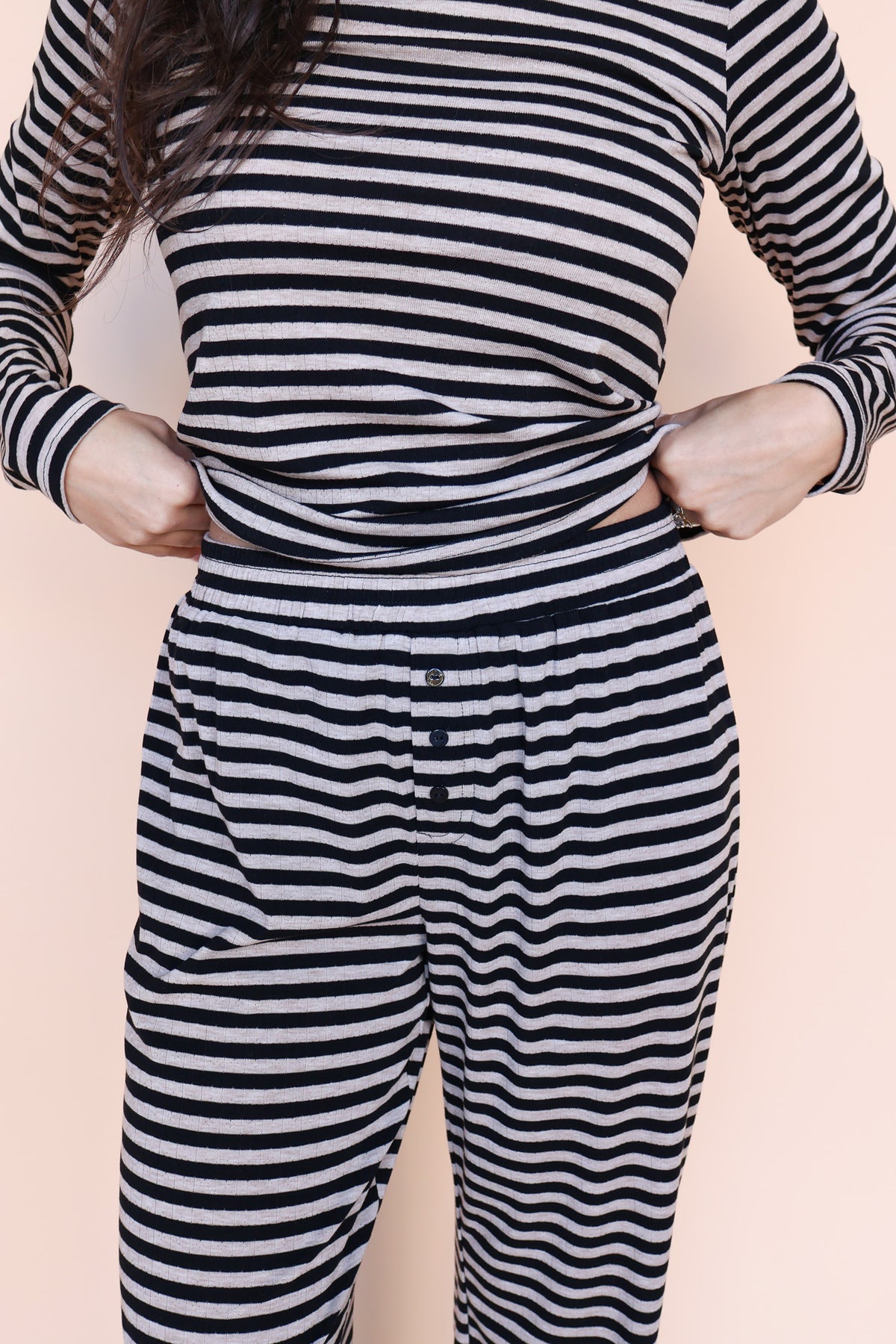 Stripe Pointelle Long Sleeve in Black/Beige