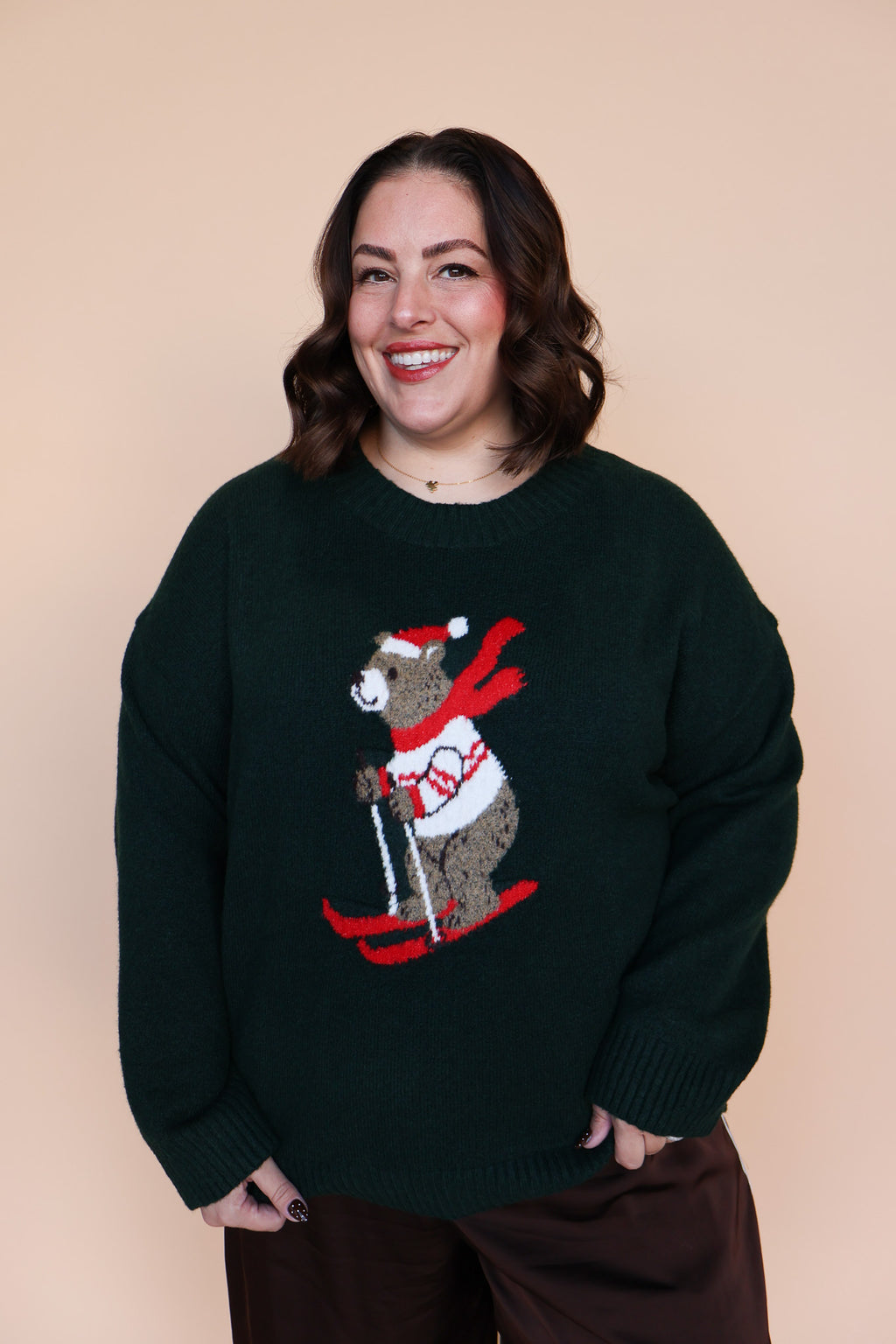 Skiing Bear Knit Sweater in Green