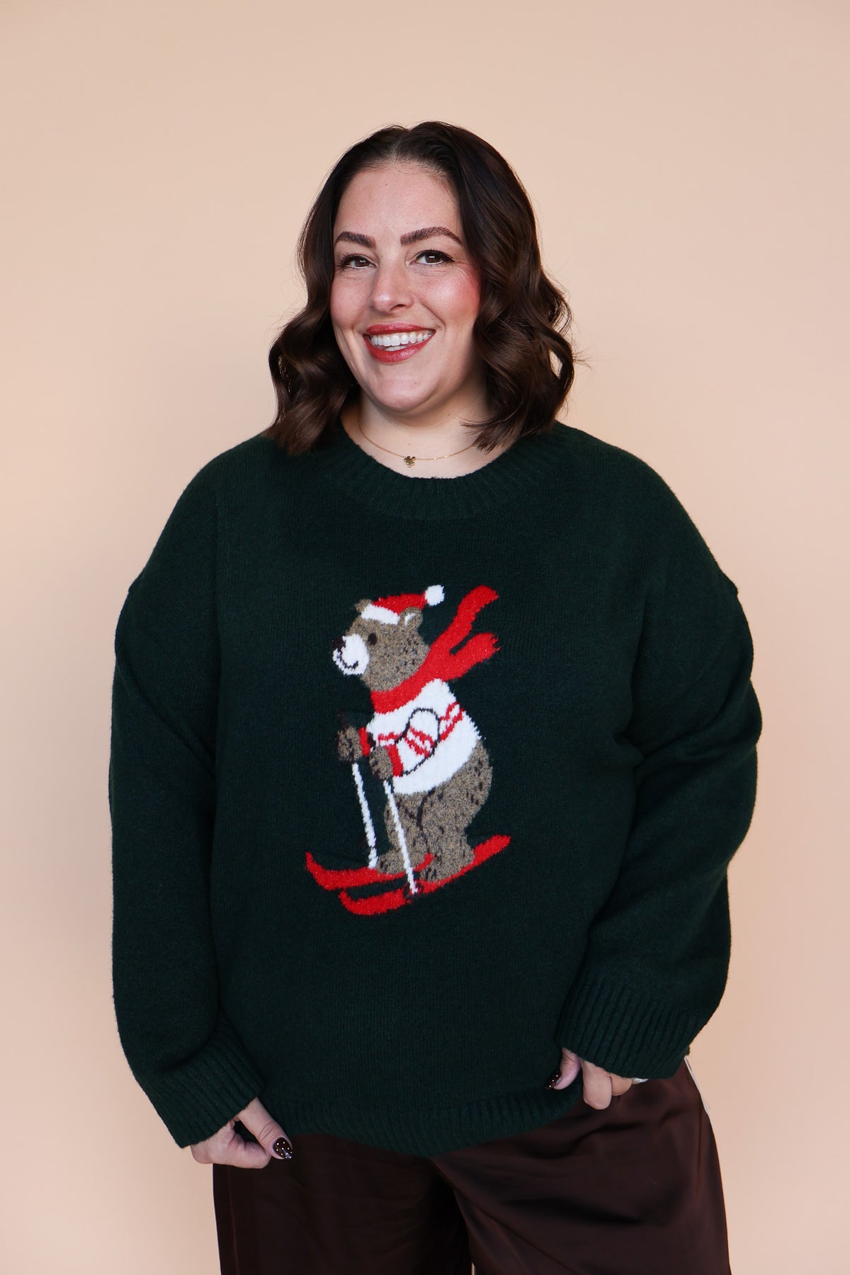 Skiing Bear Knit Sweater in Green
