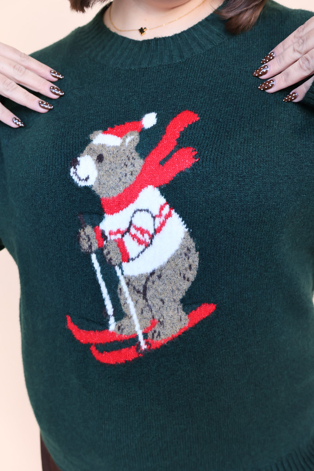 Skiing Bear Knit Sweater in Green