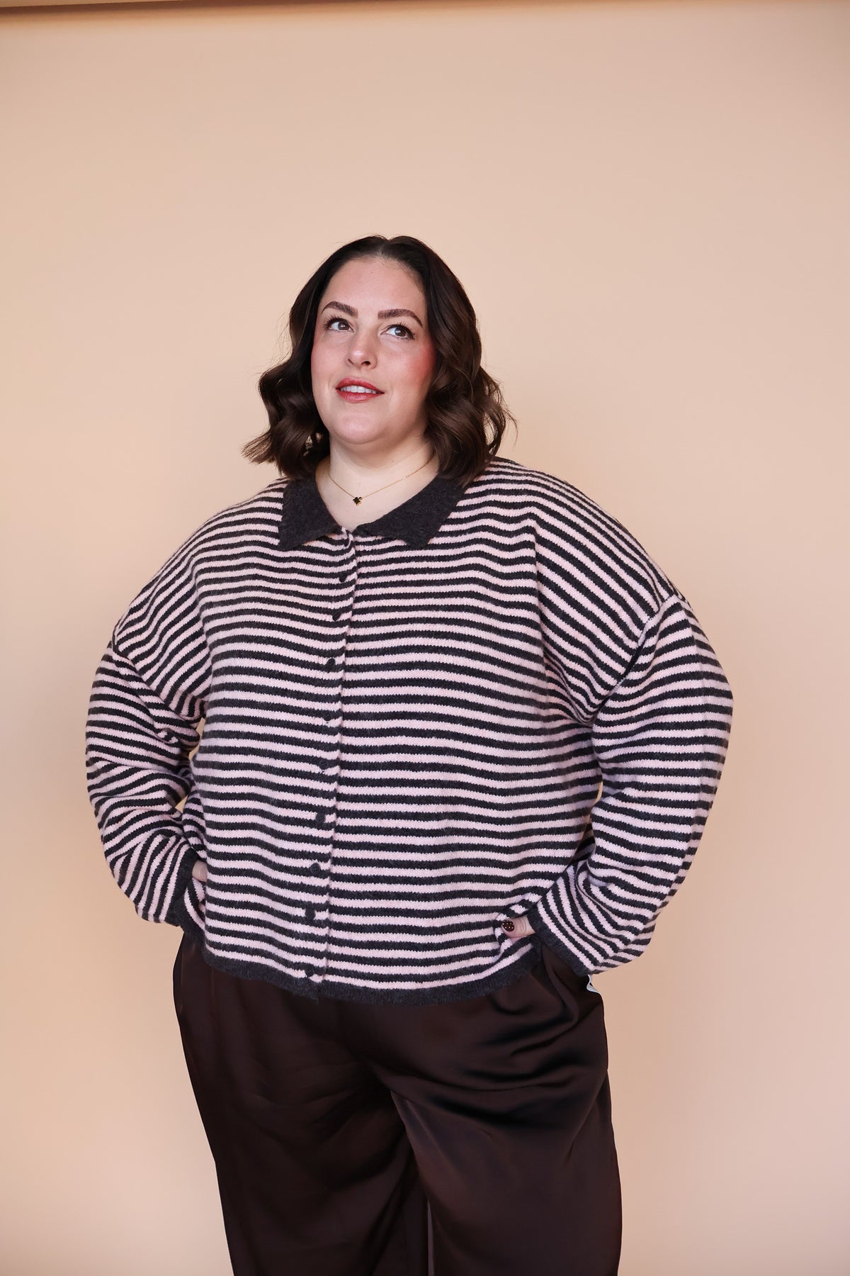 Stripe Cardigan in Chocolate/Pink Secondary image