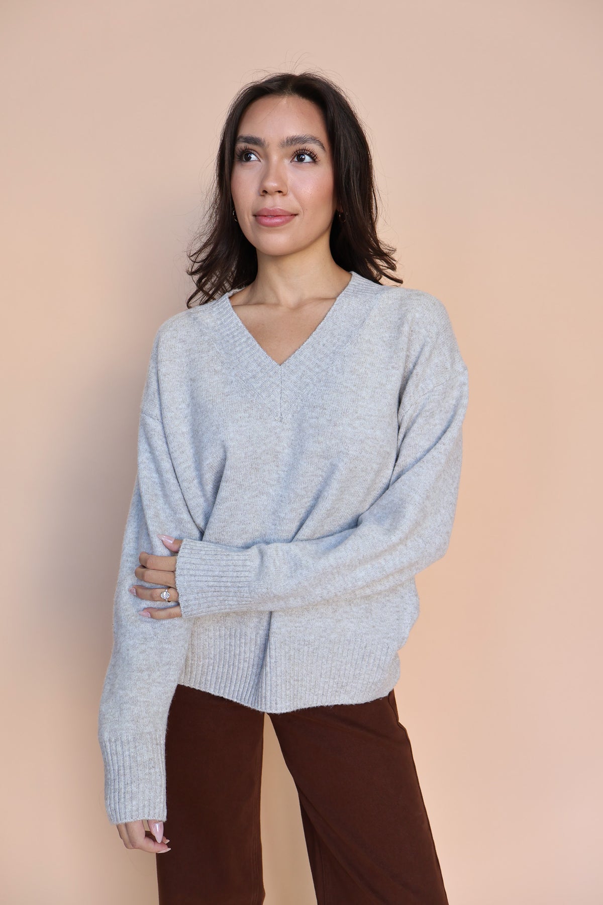 V-Neck Knit Sweater in Stone