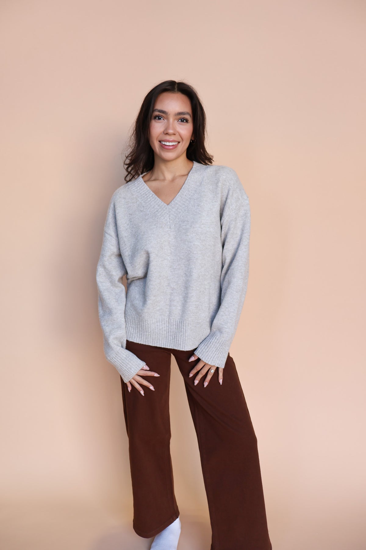 V-Neck Knit Sweater in Stone