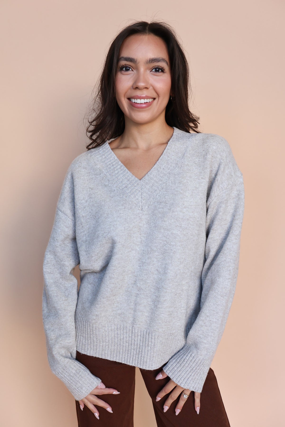 V-Neck Knit Sweater in Stone
