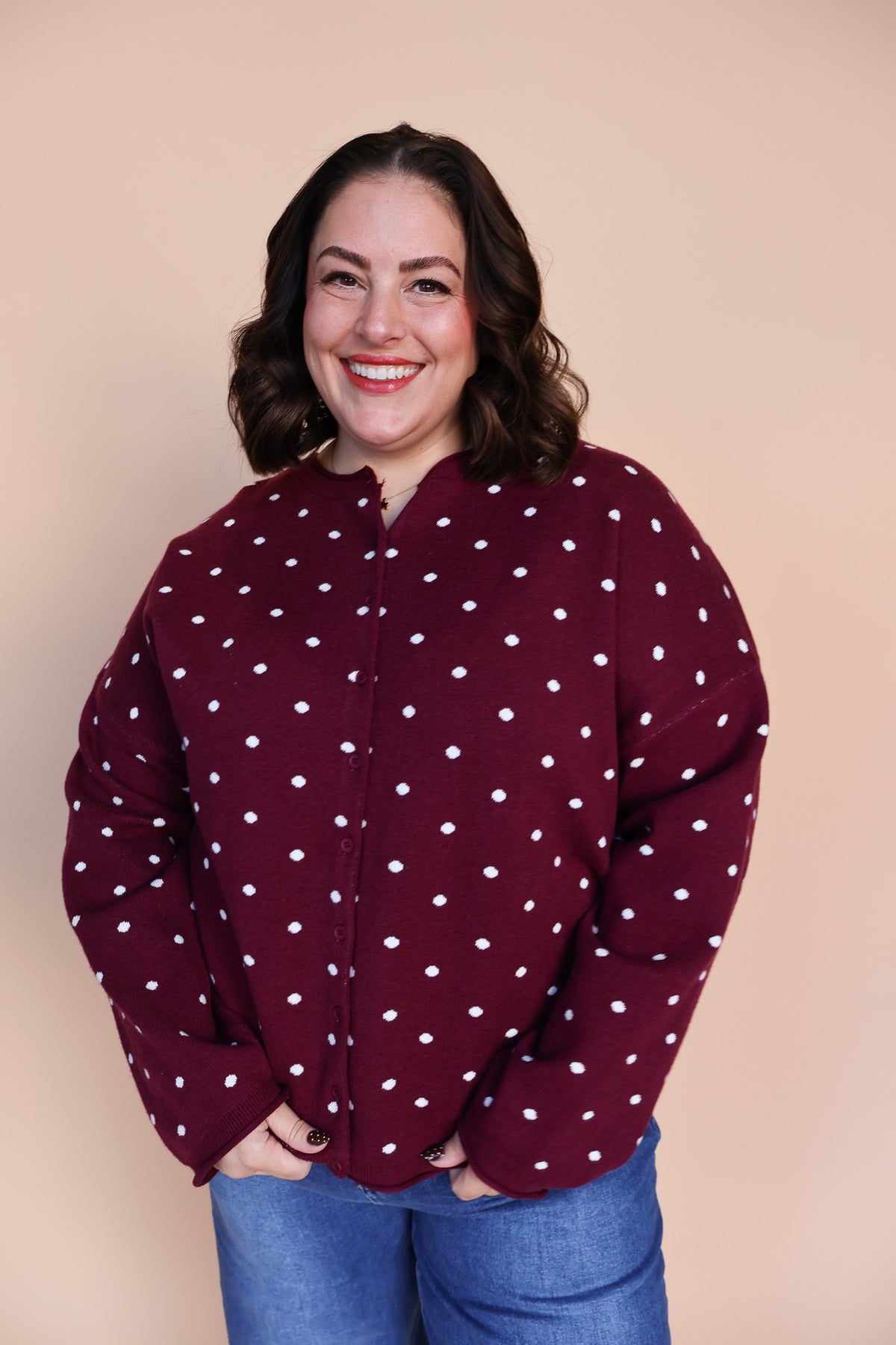 Mae Polka Dot Cardigan in Berry Red