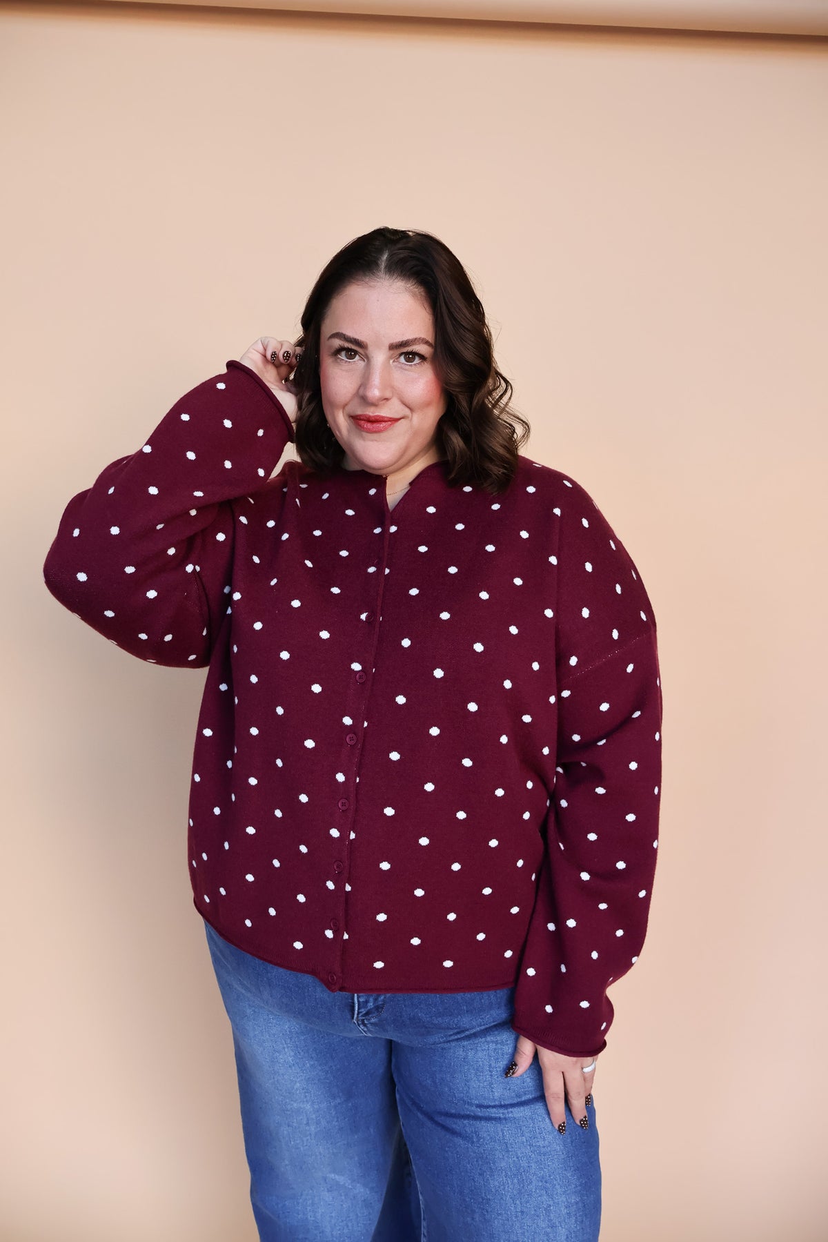 Mae Polka Dot Cardigan in Berry Red Secondary image
