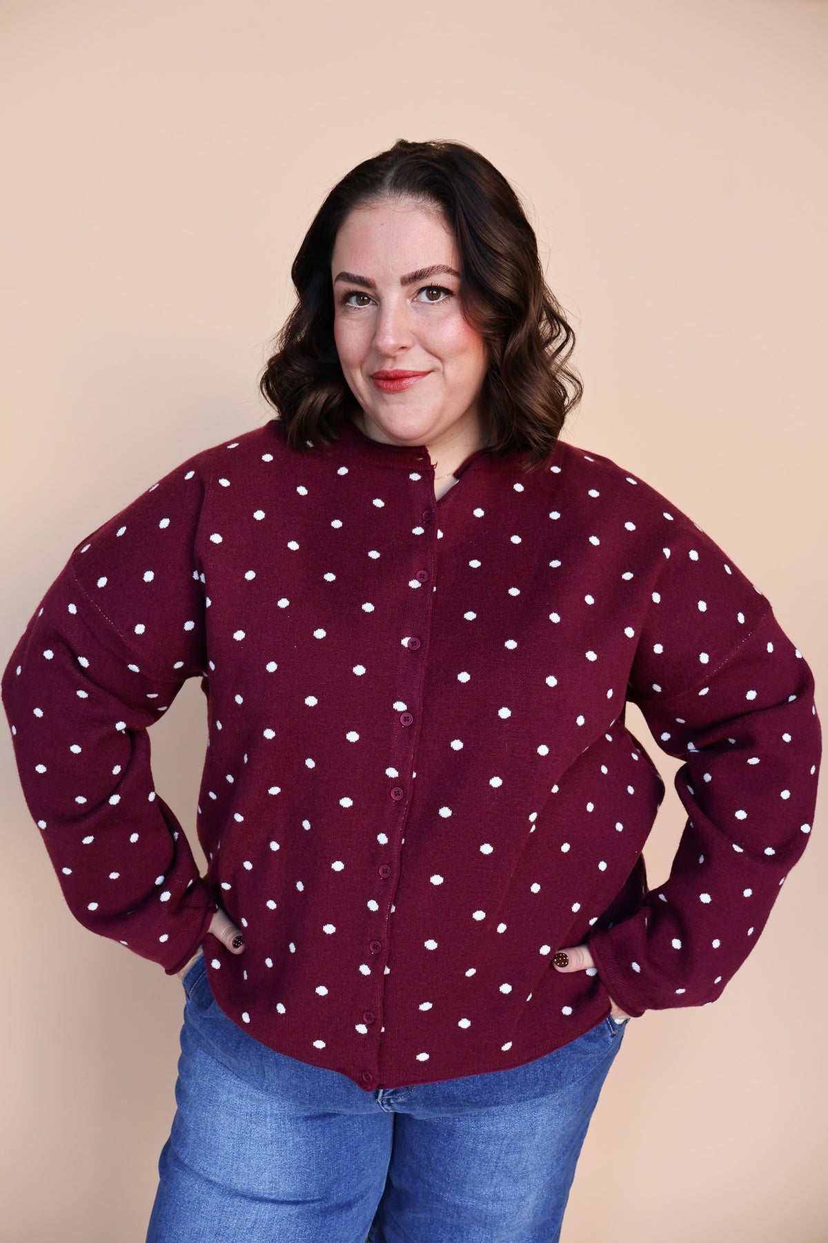 Mae Polka Dot Cardigan in Berry Red