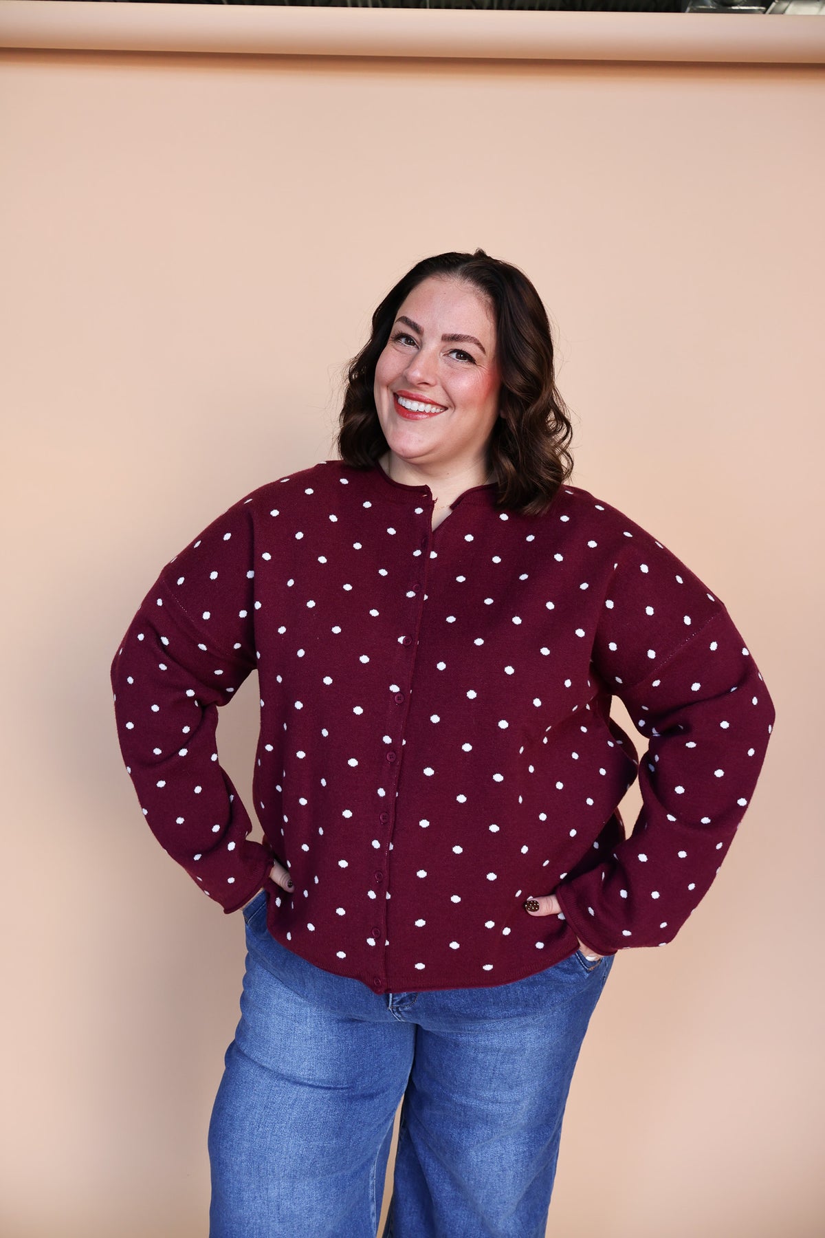 Mae Polka Dot Cardigan in Berry Red