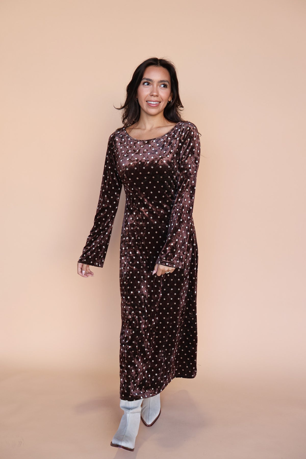 Serena Polka Dot Velvet Maxi in Brown Secondary image