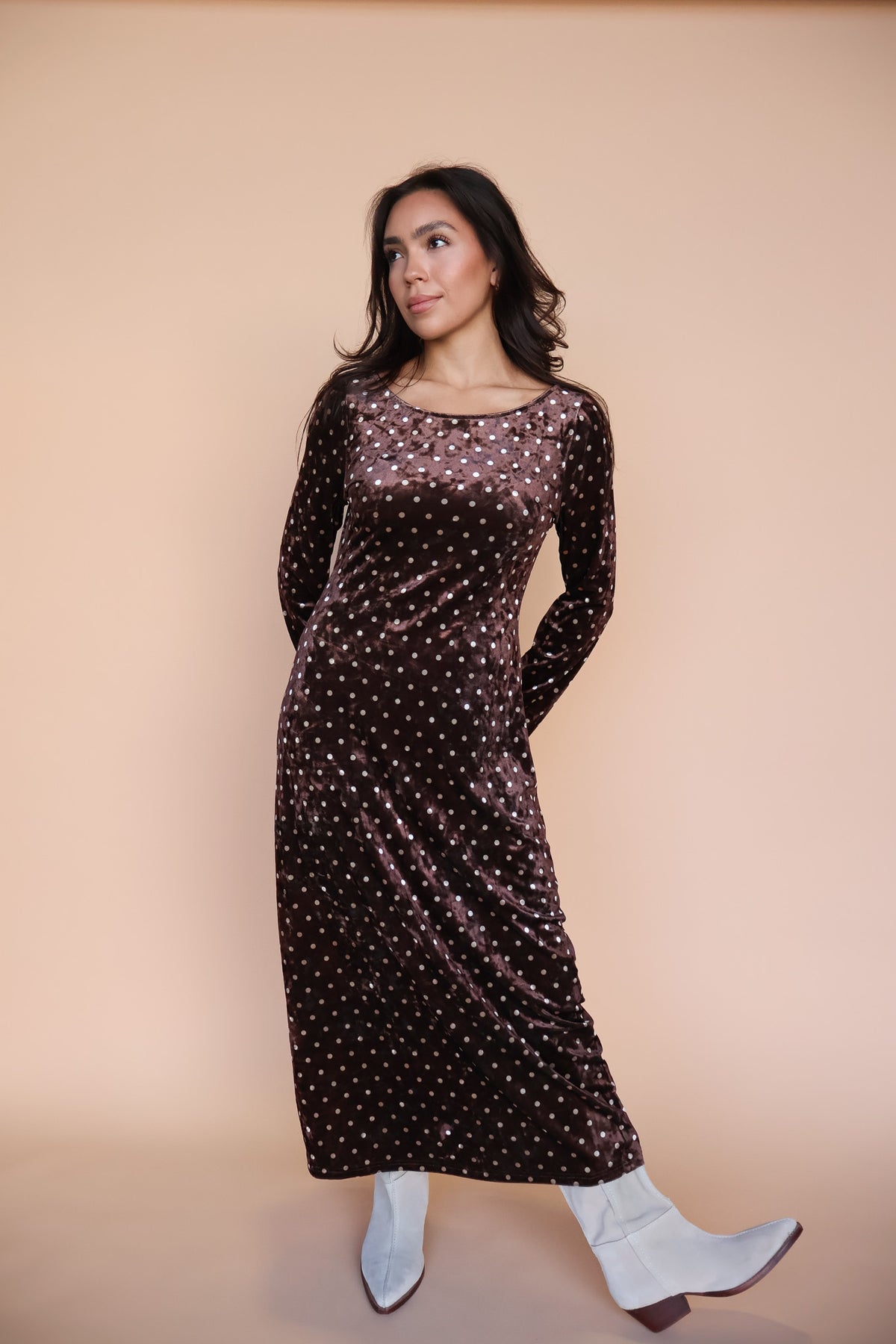 Serena Polka Dot Velvet Maxi in Brown Main image