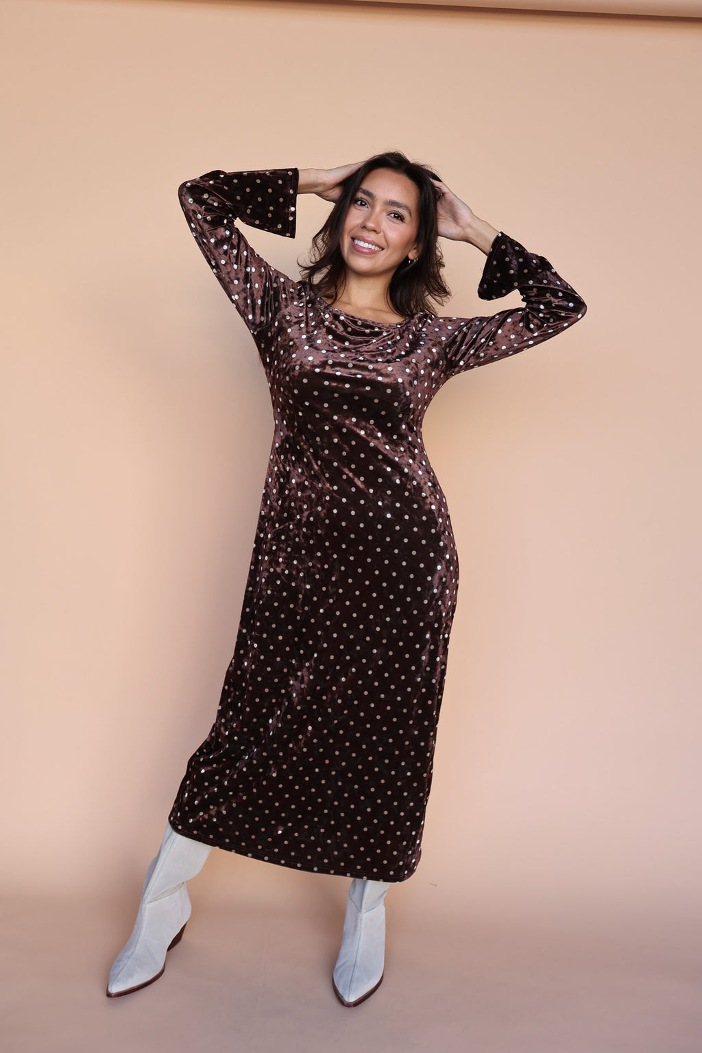 Serena Polka Dot Velvet Maxi in Brown