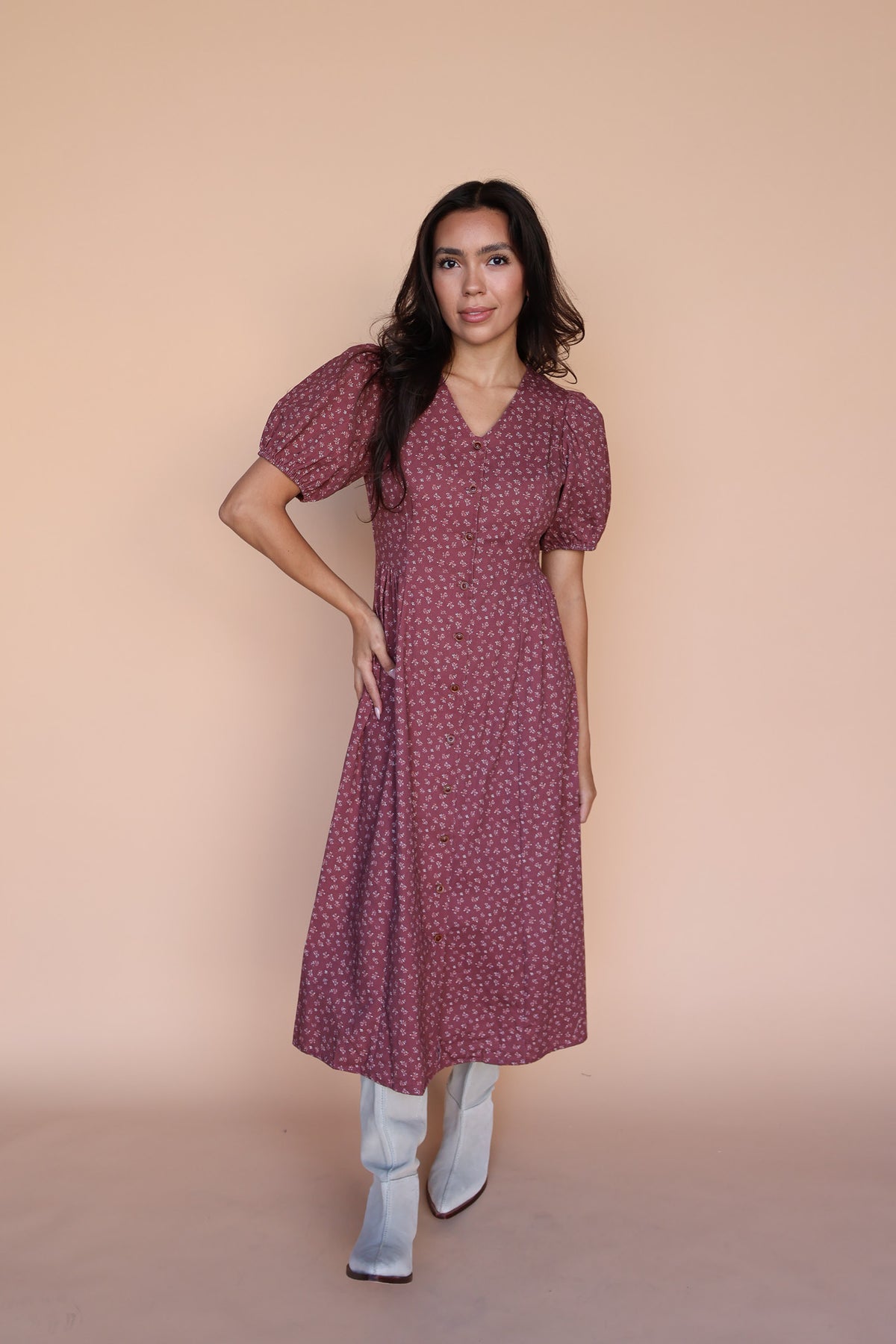 Berry Floral Dress in Marsala Secondary image
