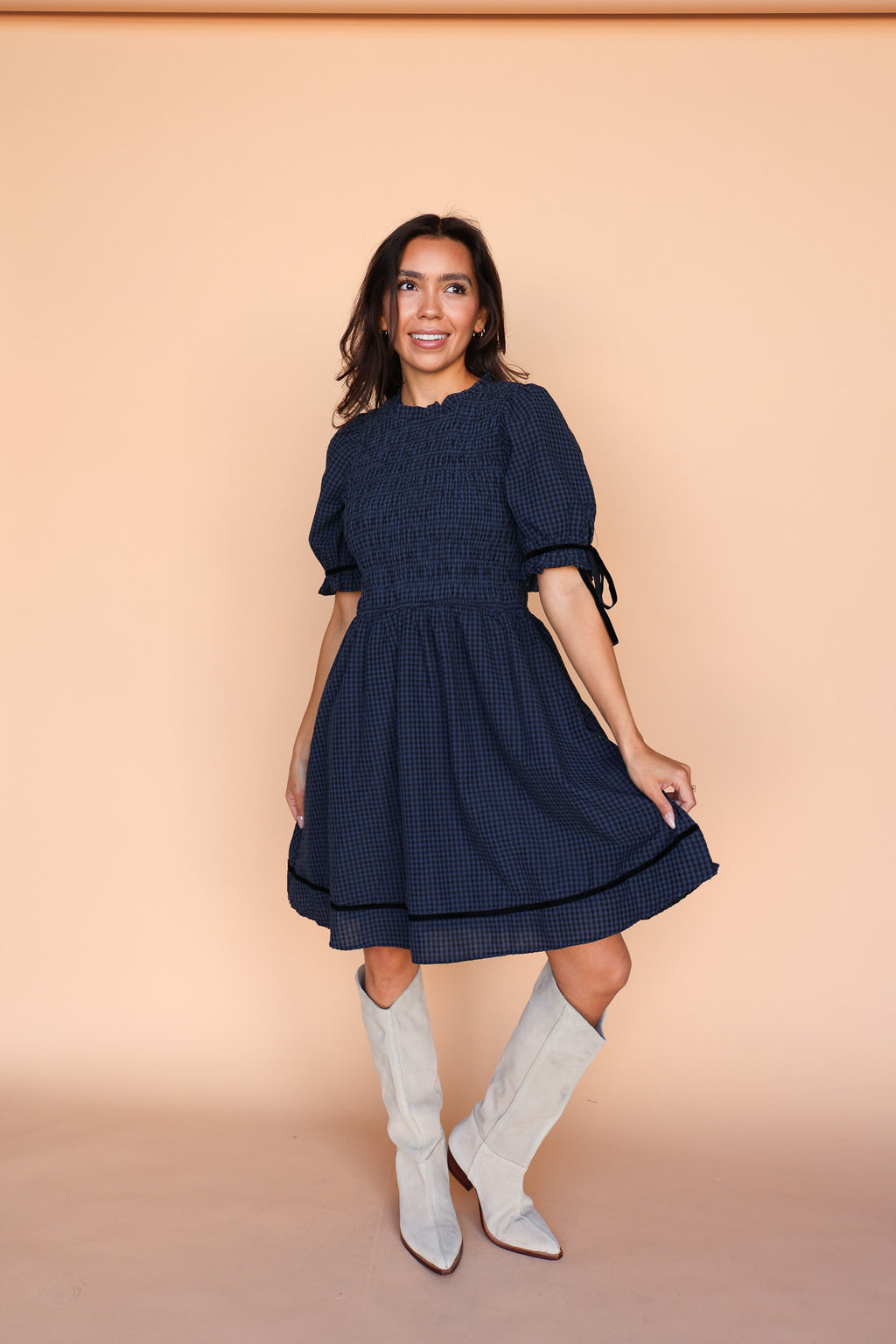 Sutton Gingham Dress in Navy