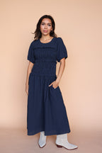 Sutton Gingham Smocked Maxi in Navy