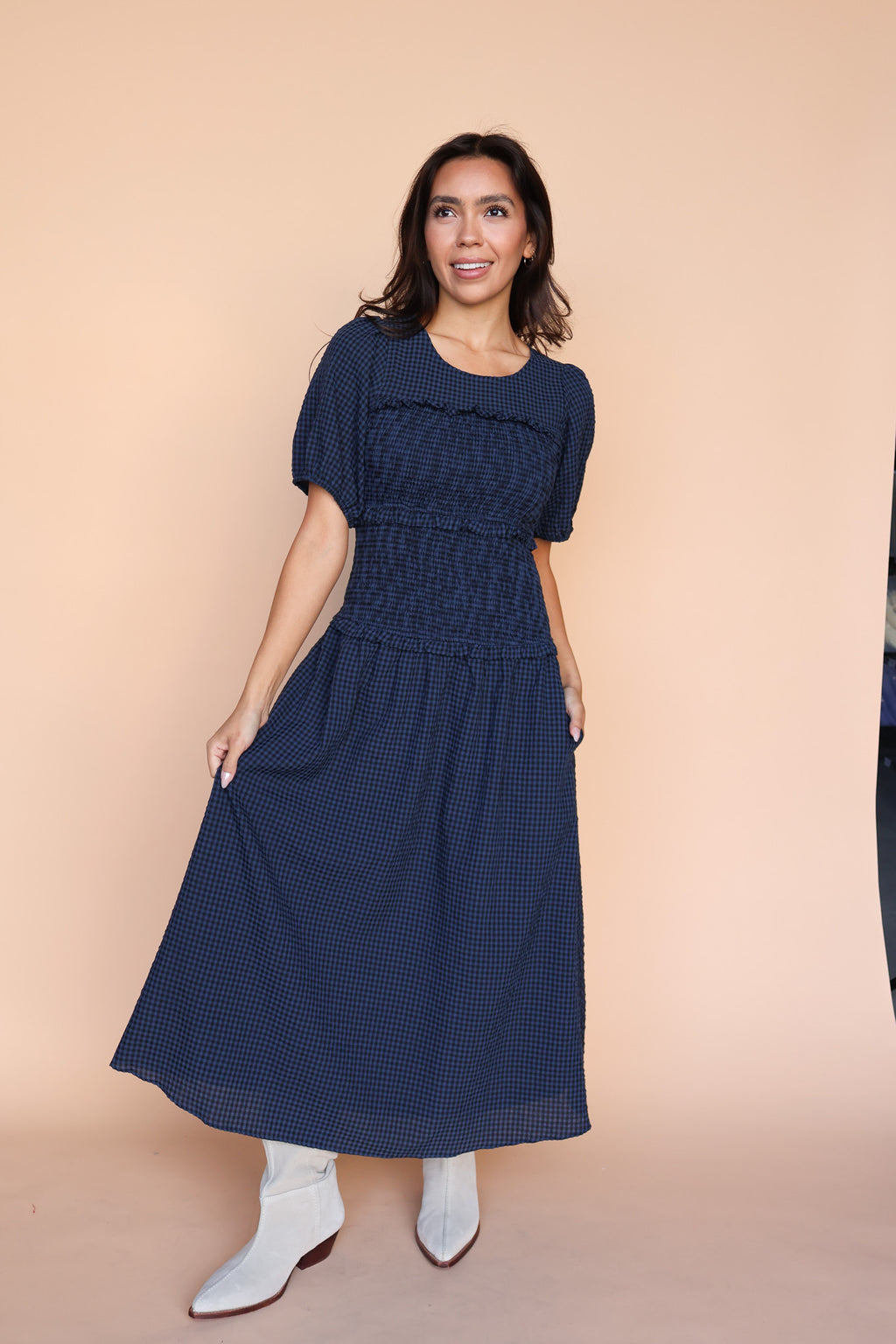 Sutton Gingham Smocked Maxi in Navy