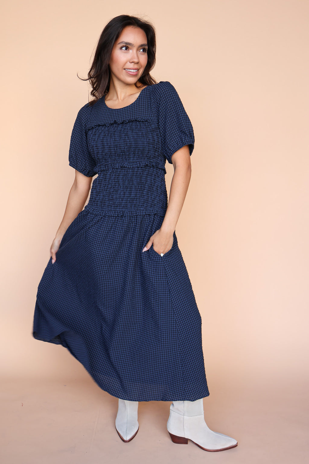Sutton Gingham Smocked Maxi in Navy