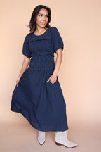 Sutton Gingham Smocked Maxi in Navy