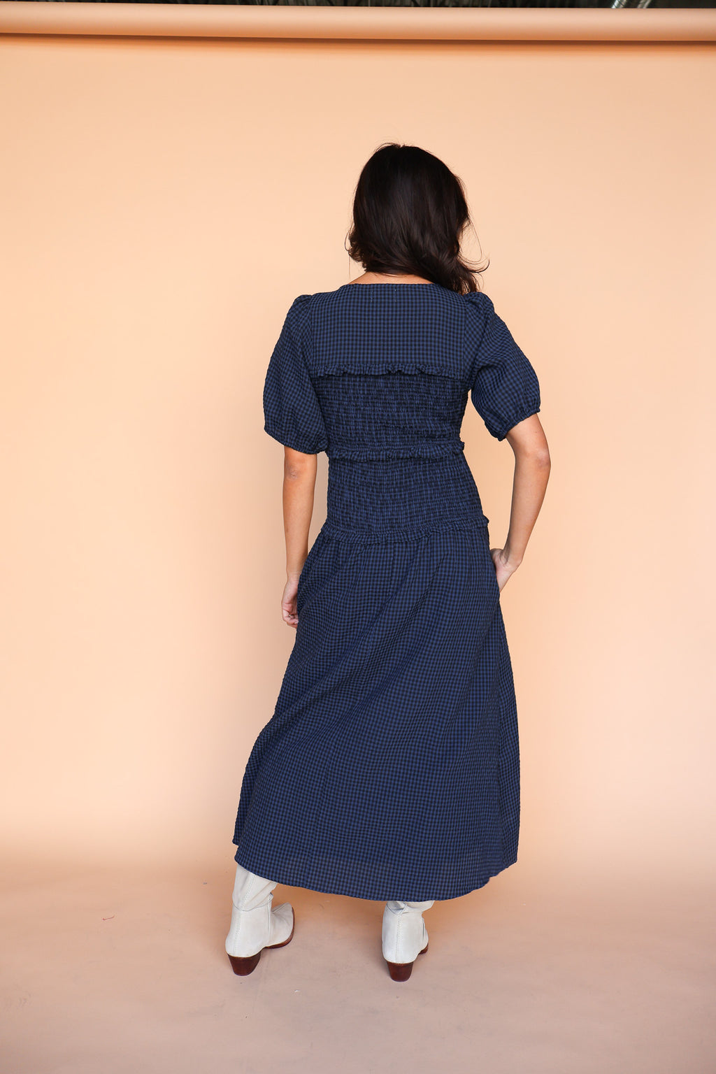 Sutton Gingham Smocked Maxi in Navy