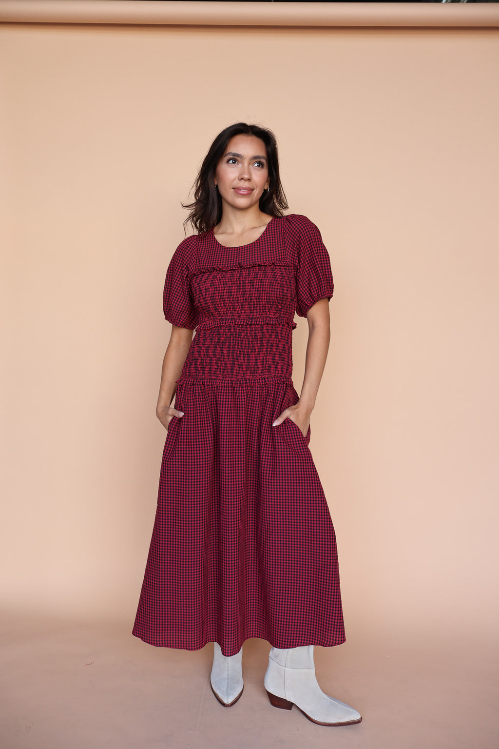 Sutton Gingham Smocked Maxi in Berry Red