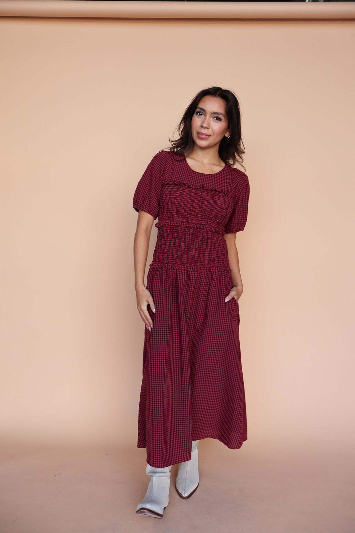 Sutton Gingham Smocked Maxi in Berry Red