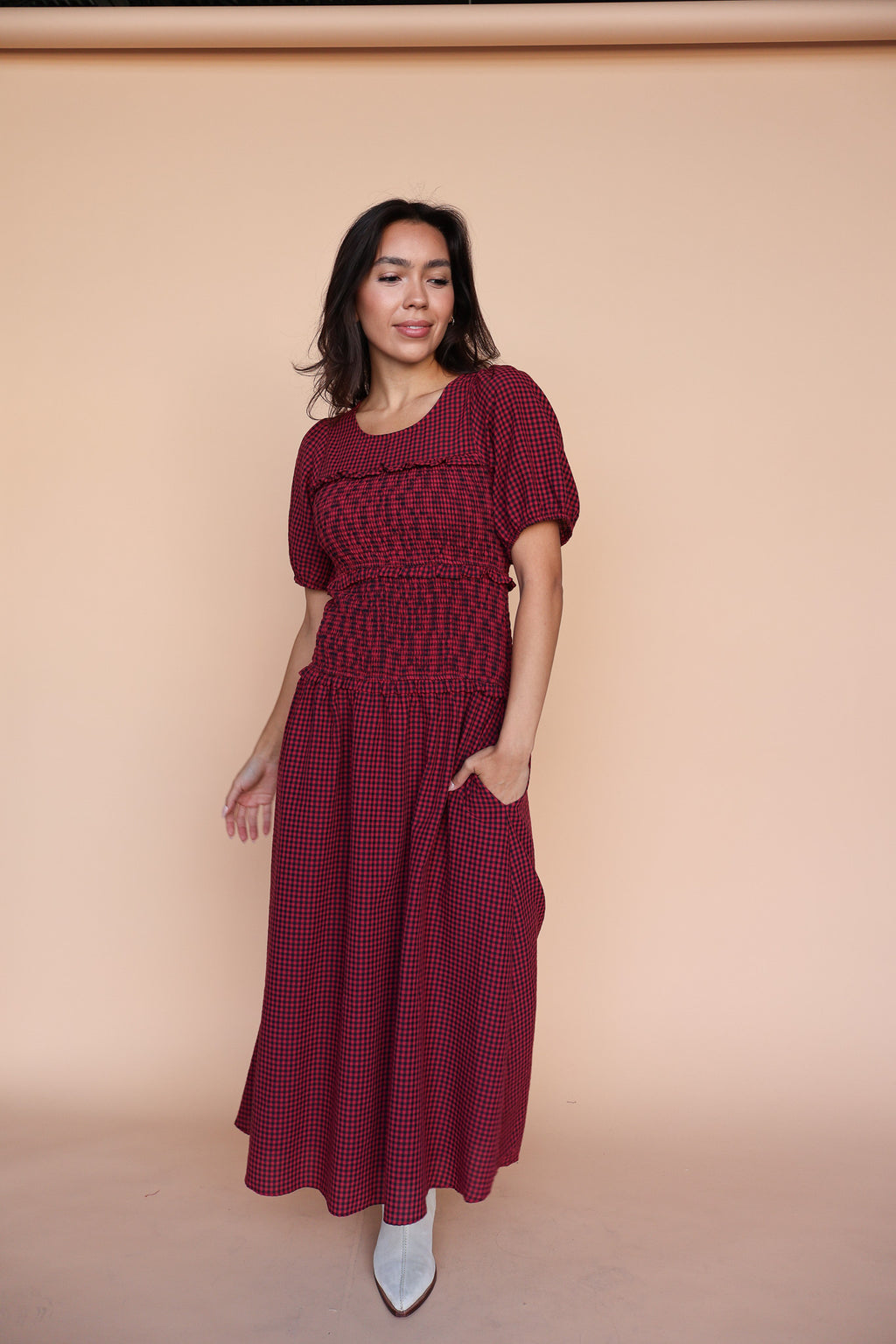 Sutton Gingham Smocked Maxi in Berry Red