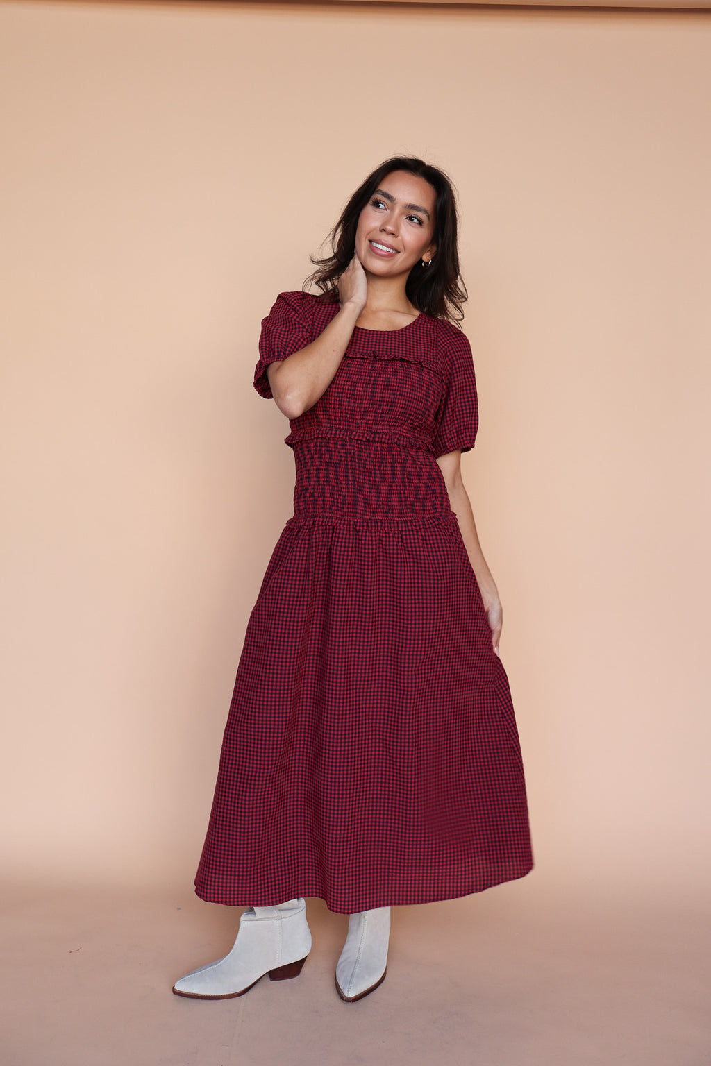 Sutton Gingham Smocked Maxi in Berry Red