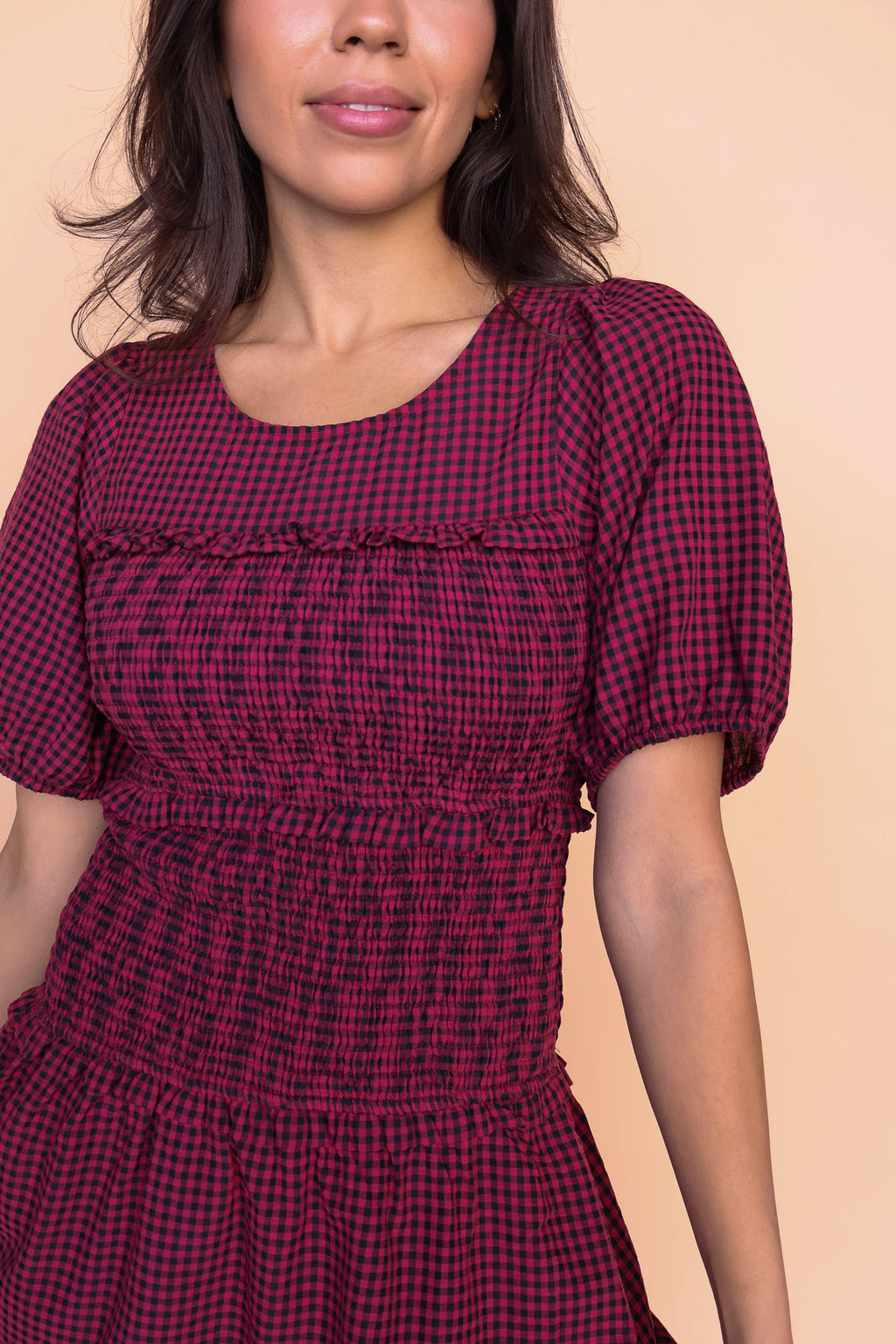 Sutton Gingham Smocked Maxi in Berry Red
