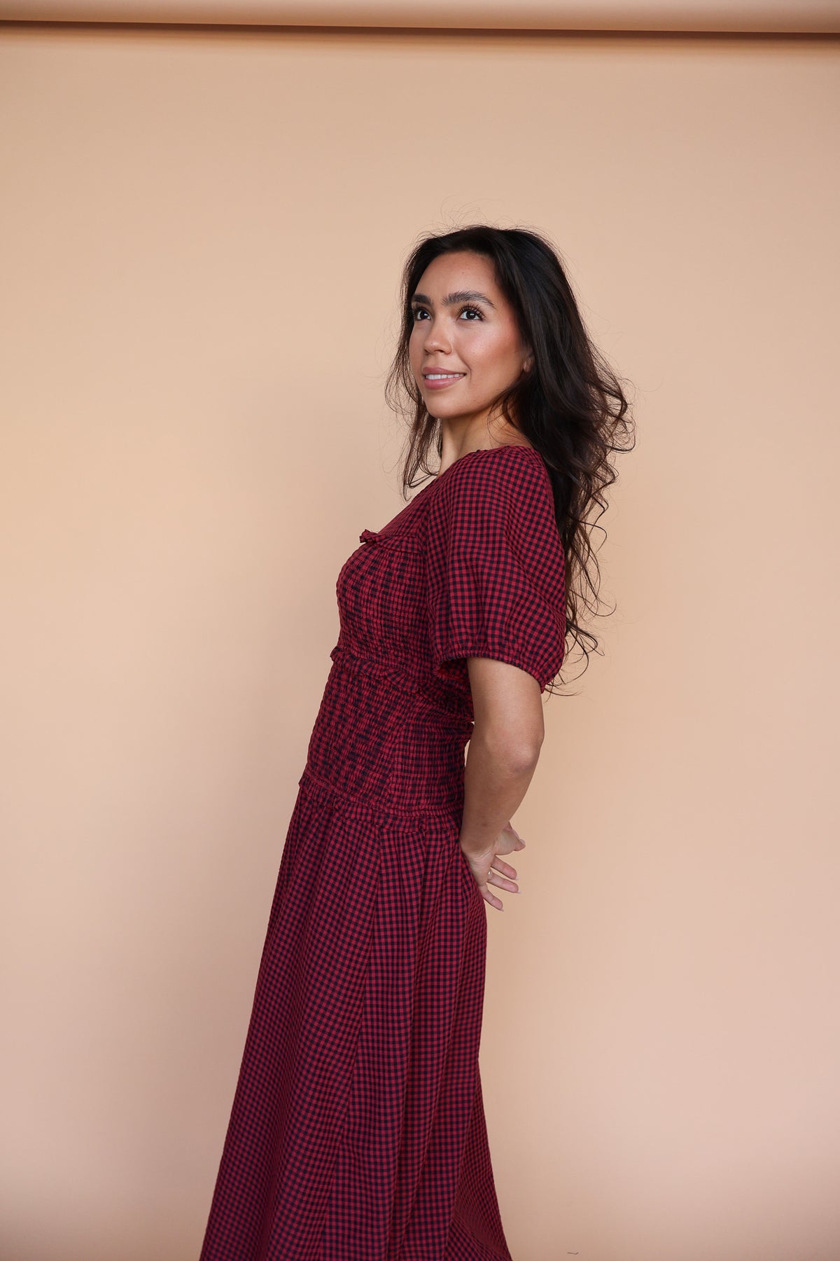 Sutton Gingham Smocked Maxi in Berry Red