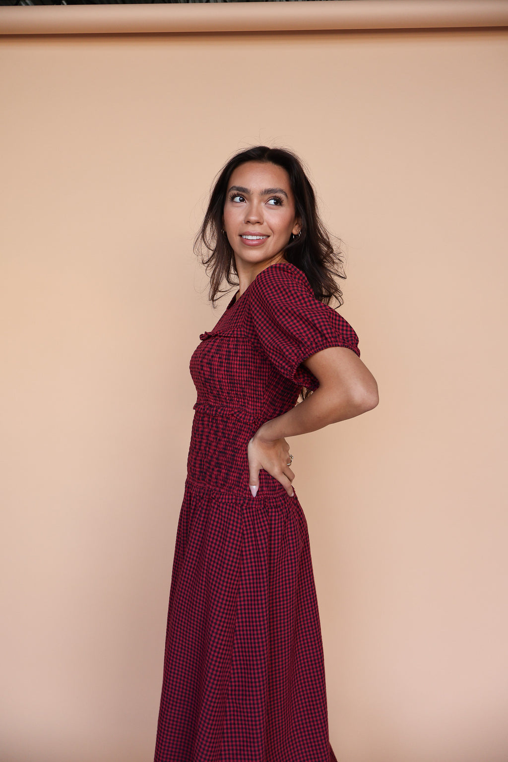 Sutton Gingham Smocked Maxi in Berry Red