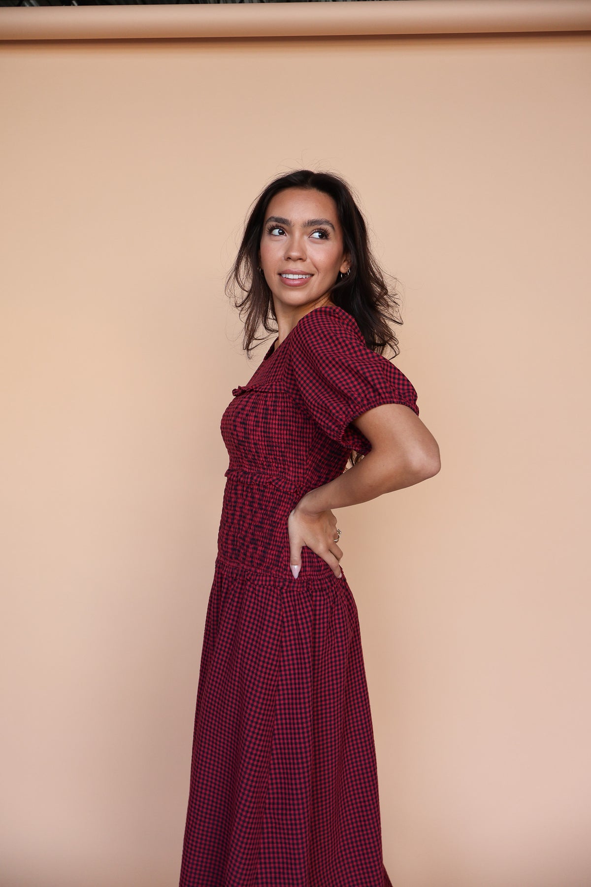 Sutton Gingham Smocked Maxi in Berry Red