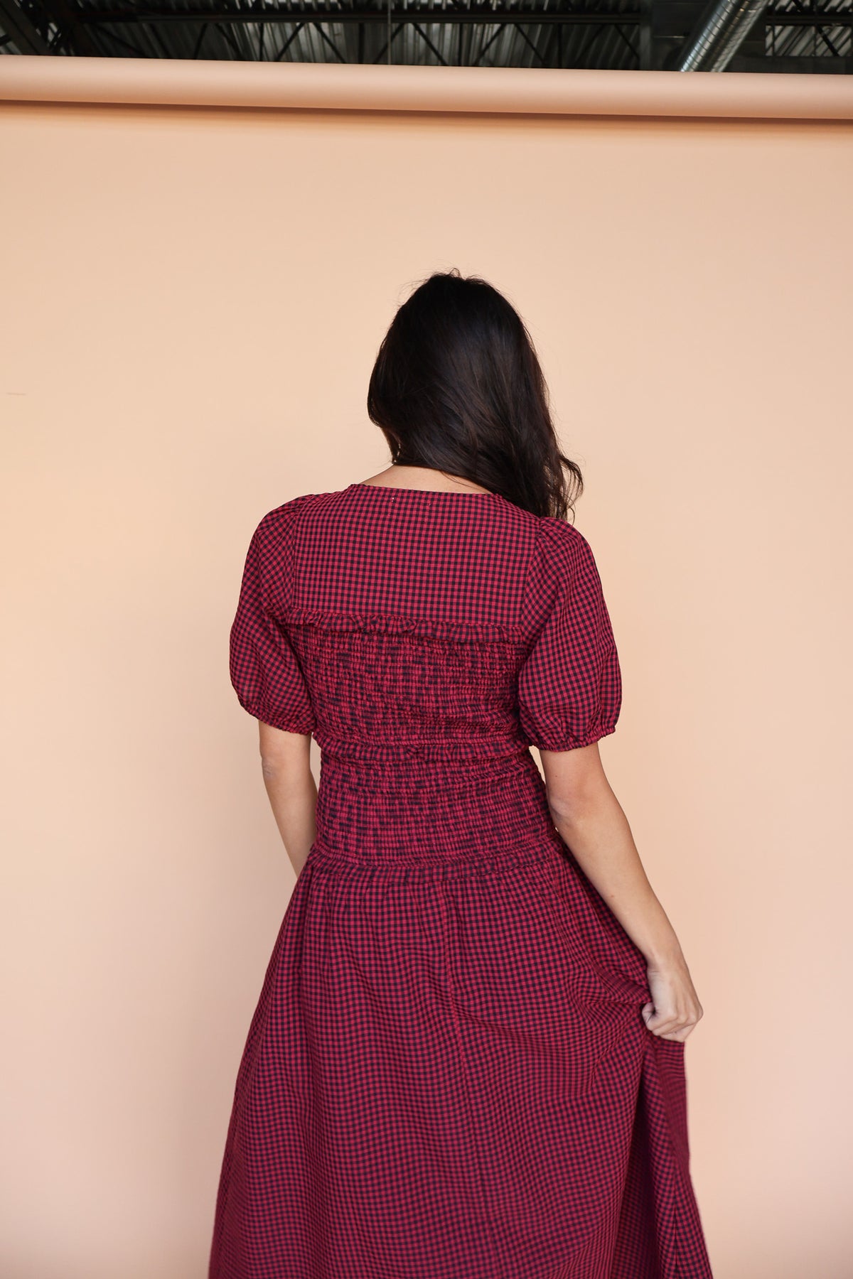 Sutton Gingham Smocked Maxi in Berry Red