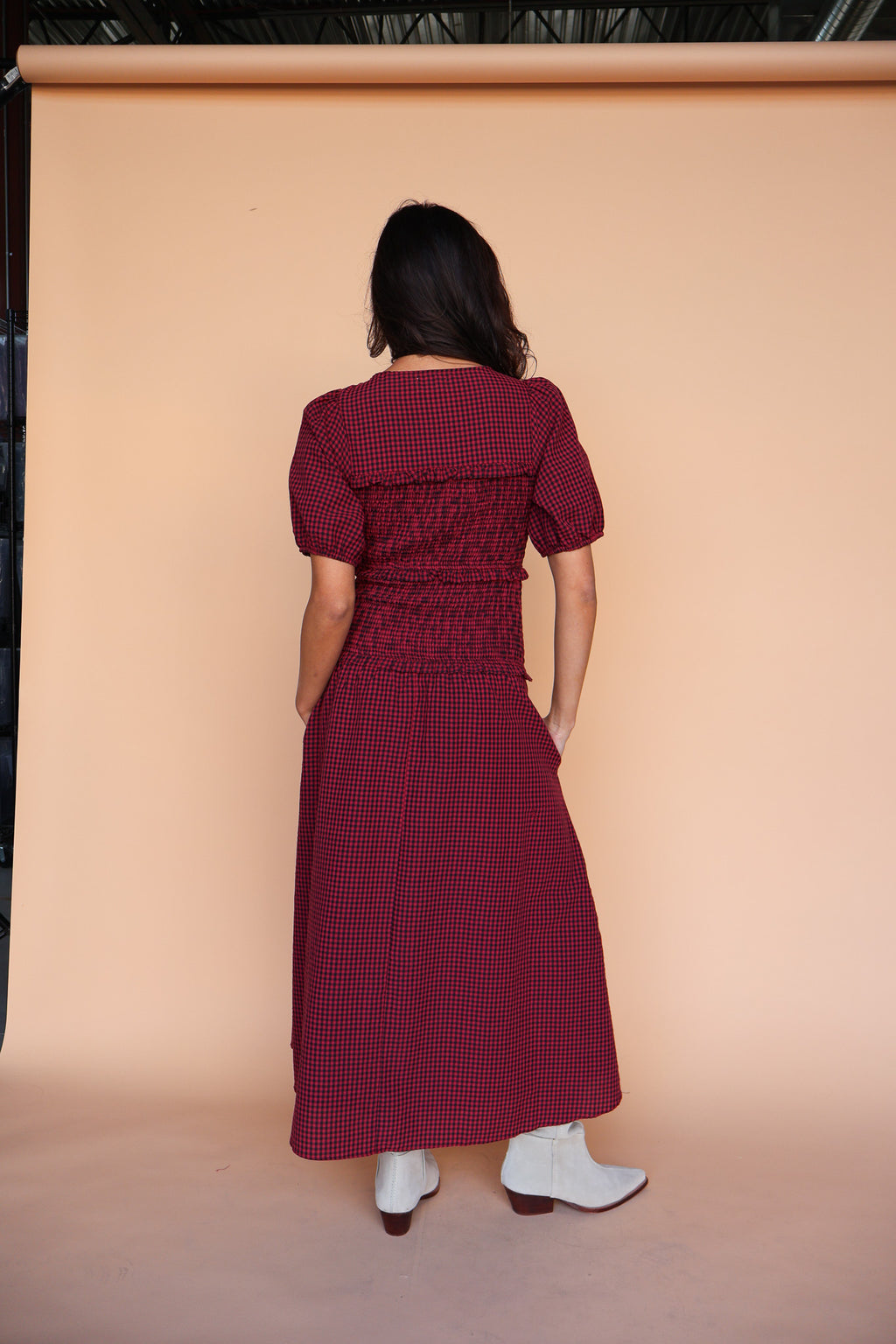 Sutton Gingham Smocked Maxi in Berry Red