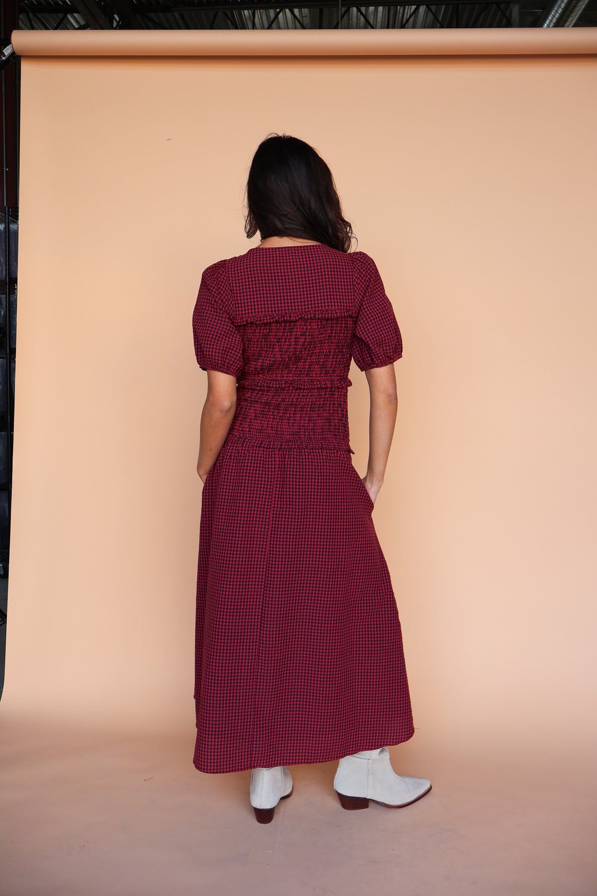 Sutton Gingham Smocked Maxi in Berry Red