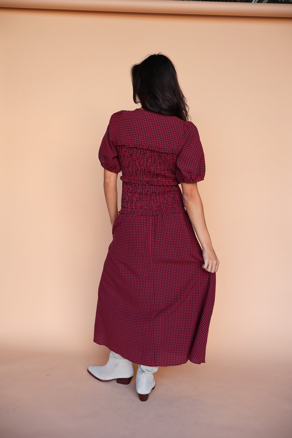 Sutton Gingham Smocked Maxi in Berry Red