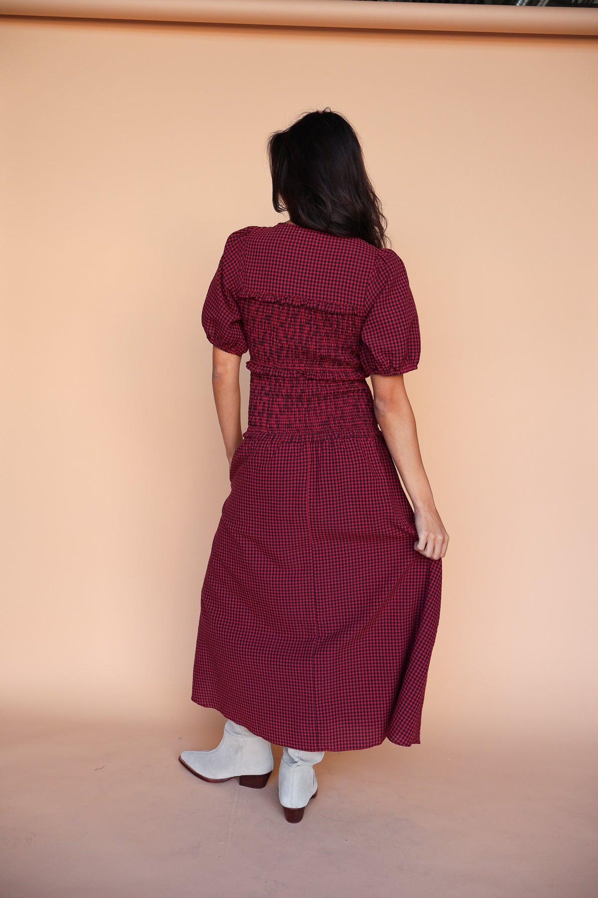 Sutton Gingham Smocked Maxi in Berry Red