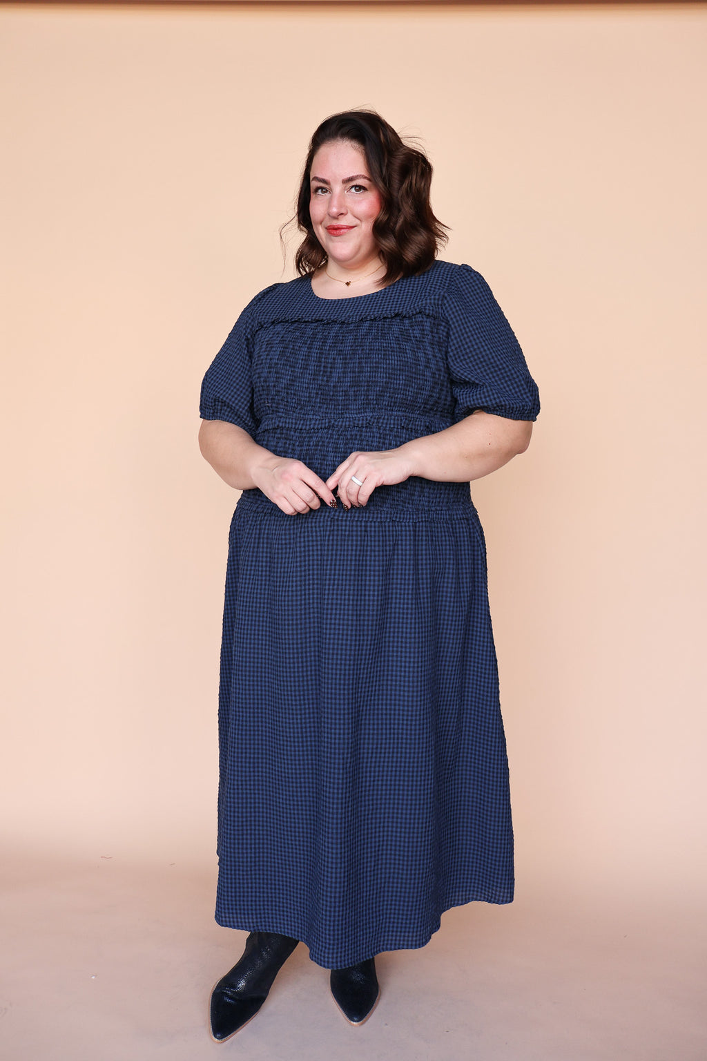 Sutton Gingham Smocked Maxi in Navy