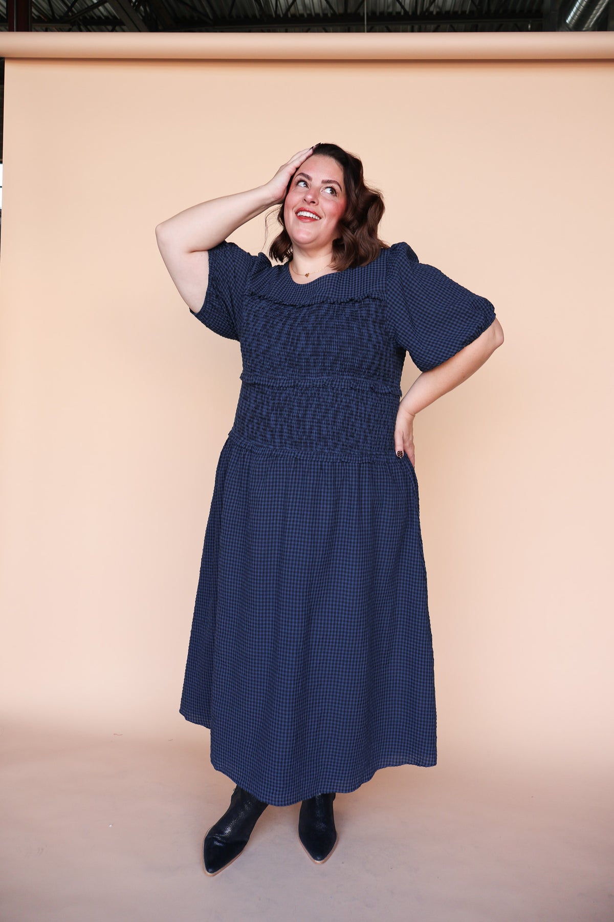 Sutton Gingham Smocked Maxi in Navy