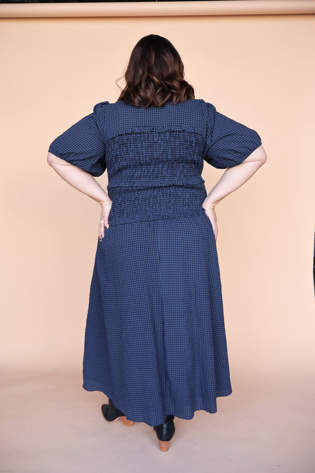Sutton Gingham Smocked Maxi in Navy
