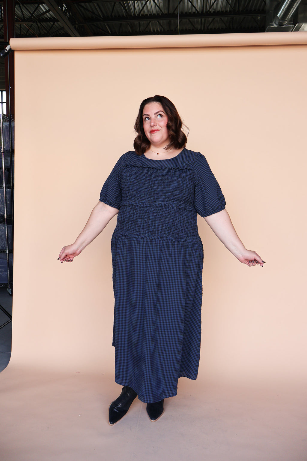 Sutton Gingham Smocked Maxi in Navy