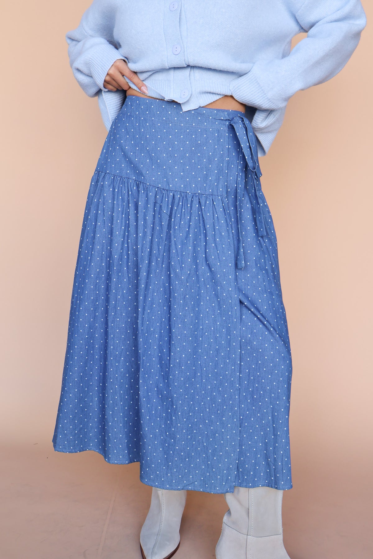 Polka Dot Chambray Faux Wrap Skirt Secondary image